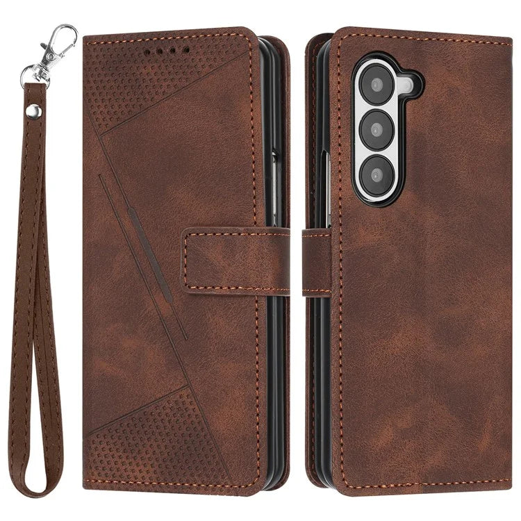 For Samsung Galaxy Z Fold6 5G Case Triangle Pattern Leather Phone Cover Wallet with Hand Strap