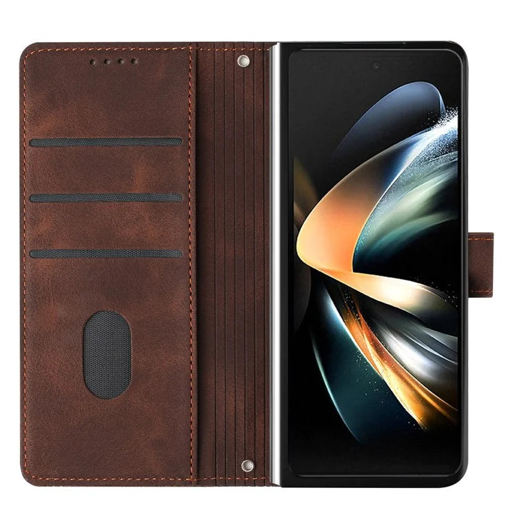 For Samsung Galaxy Z Fold6 5G Case Triangle Pattern Leather Phone Cover Wallet with Hand Strap