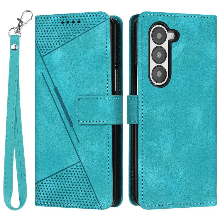 For Samsung Galaxy Z Fold6 5G Case Triangle Pattern Leather Phone Cover Wallet with Hand Strap
