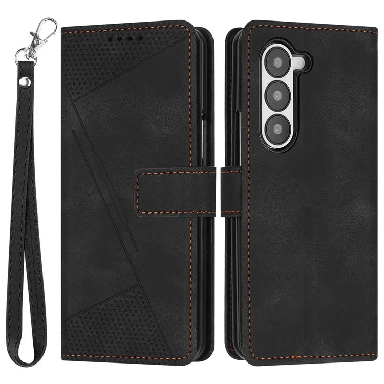 For Samsung Galaxy Z Fold6 5G Case Triangle Pattern Leather Phone Cover Wallet with Hand Strap