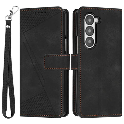 For Samsung Galaxy Z Fold6 5G Case Triangle Pattern Leather Phone Cover Wallet with Hand Strap