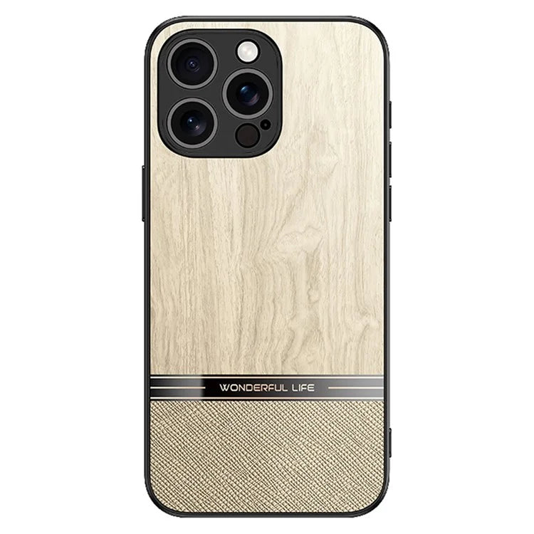 For iPhone 16 Pro Max Case Wood Texture Leather Coated TPU Phone Protective Cover