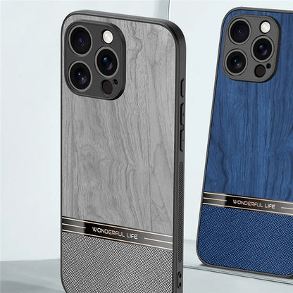 For iPhone 16 Pro Case Wood Texture Leather Coated TPU Phone Protective Cover