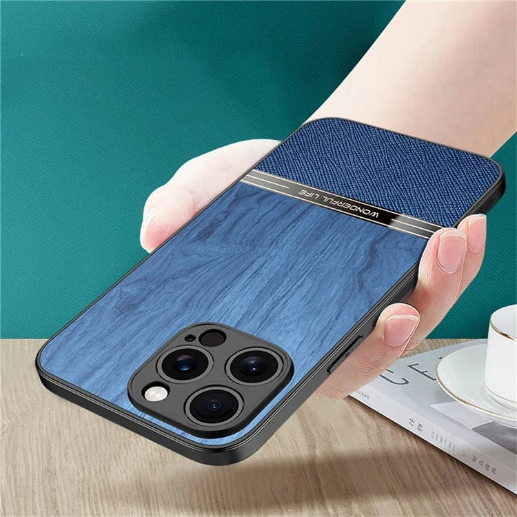 For iPhone 16 Pro Case Wood Texture Leather Coated TPU Phone Protective Cover