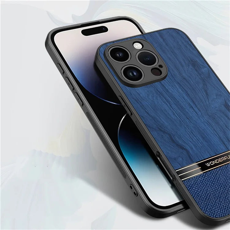 For iPhone 16 Pro Case Wood Texture Leather Coated TPU Phone Protective Cover