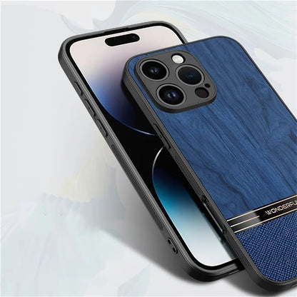 For iPhone 16 Pro Case Wood Texture Leather Coated TPU Phone Protective Cover