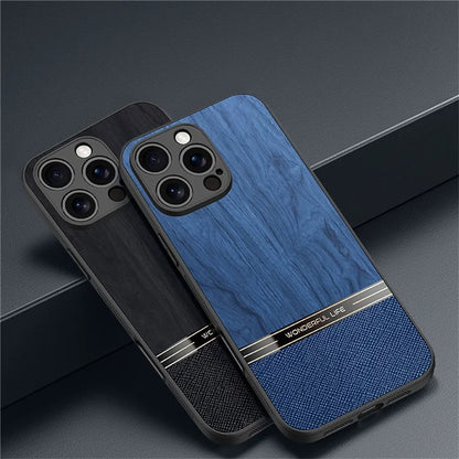 For iPhone 16 Pro Case Wood Texture Leather Coated TPU Phone Protective Cover