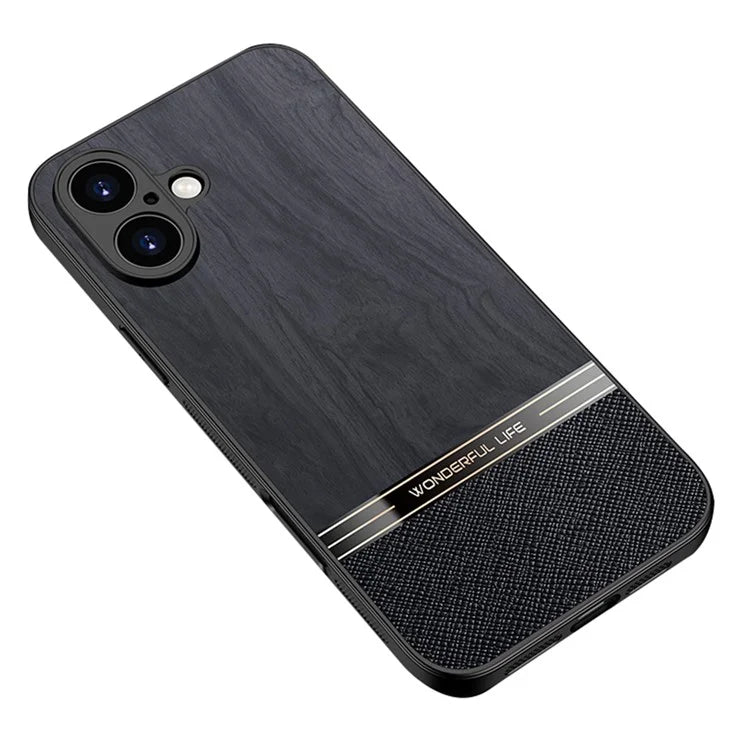 For iPhone 16 Plus Case Wood Texture Leather Coated TPU Phone Protective Cover