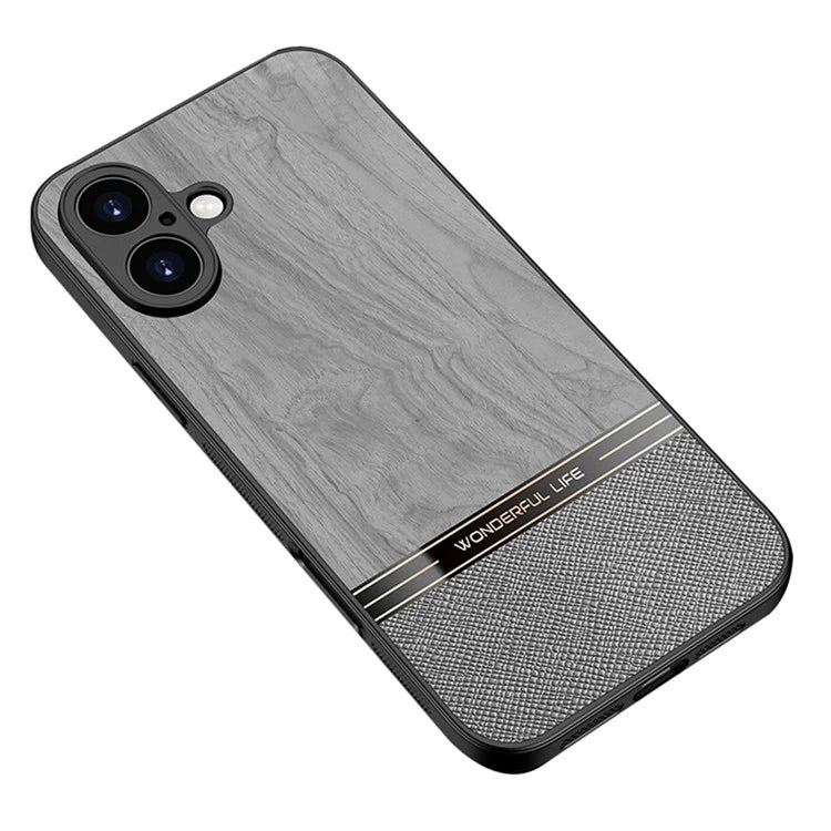 For iPhone 16 Plus Case Wood Texture Leather Coated TPU Phone Protective Cover