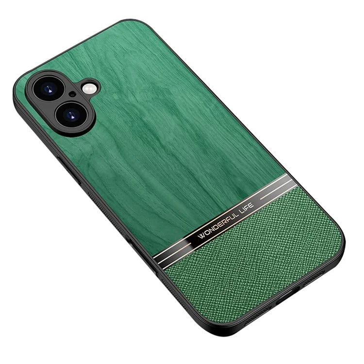 For iPhone 16 Plus Case Wood Texture Leather Coated TPU Phone Protective Cover