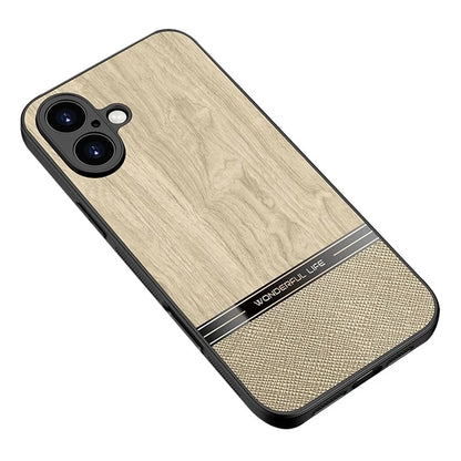 For iPhone 16 Plus Case Wood Texture Leather Coated TPU Phone Protective Cover