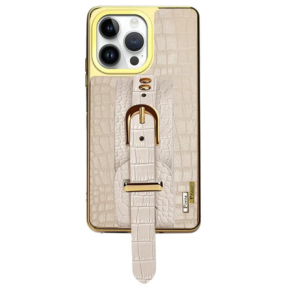 For iPhone 16 Pro Max Case Crocodile Texture PU Leather+TPU Electroplating Phone Cover Wristband Kickstand