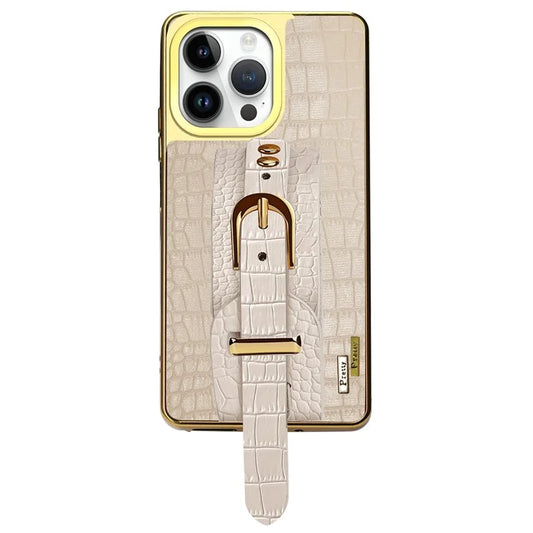 For iPhone 16 Pro Max Case Crocodile Texture PU Leather+TPU Electroplating Phone Cover Wristband Kickstand