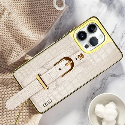 For iPhone 16 Pro Max Case Crocodile Texture PU Leather+TPU Electroplating Phone Cover Wristband Kickstand