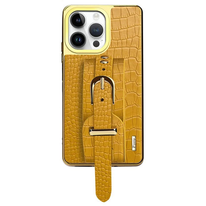 For iPhone 16 Pro Max Case Crocodile Texture PU Leather+TPU Electroplating Phone Cover Wristband Kickstand