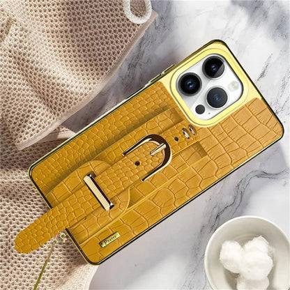 For iPhone 16 Pro Max Case Crocodile Texture PU Leather+TPU Electroplating Phone Cover Wristband Kickstand