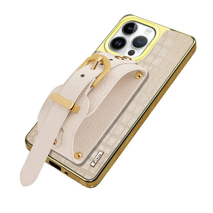 For iPhone 16 Pro Max Case Crocodile Texture PU Leather+TPU Electroplating Phone Cover Wristband Kickstand