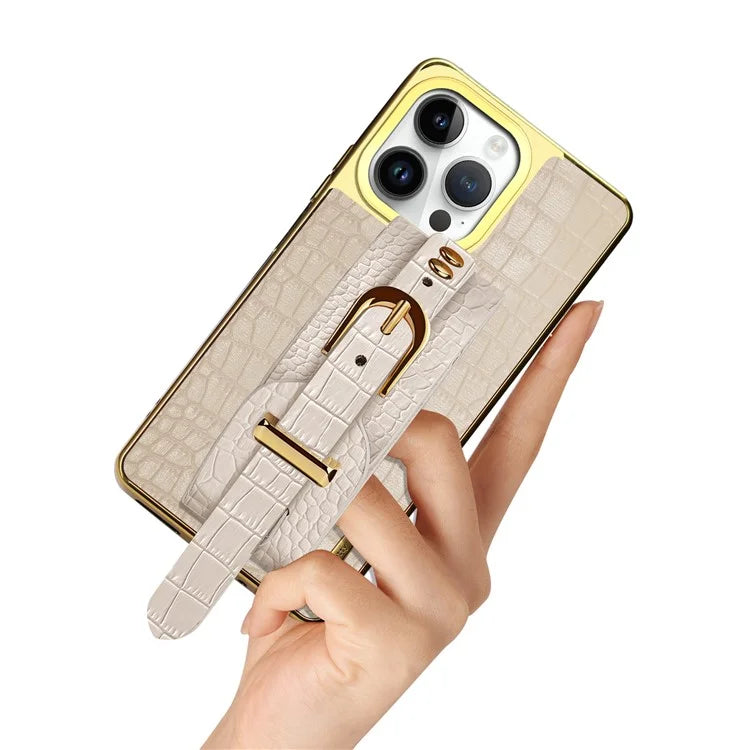 For iPhone 16 Pro Max Case Crocodile Texture PU Leather+TPU Electroplating Phone Cover Wristband Kickstand