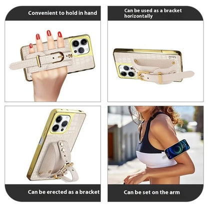 For iPhone 16 Pro Max Case Crocodile Texture PU Leather+TPU Electroplating Phone Cover Wristband Kickstand