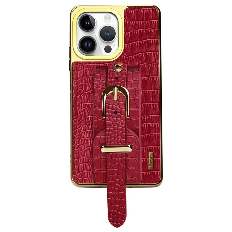 For iPhone 16 Pro Max Case Crocodile Texture PU Leather+TPU Electroplating Phone Cover Wristband Kickstand
