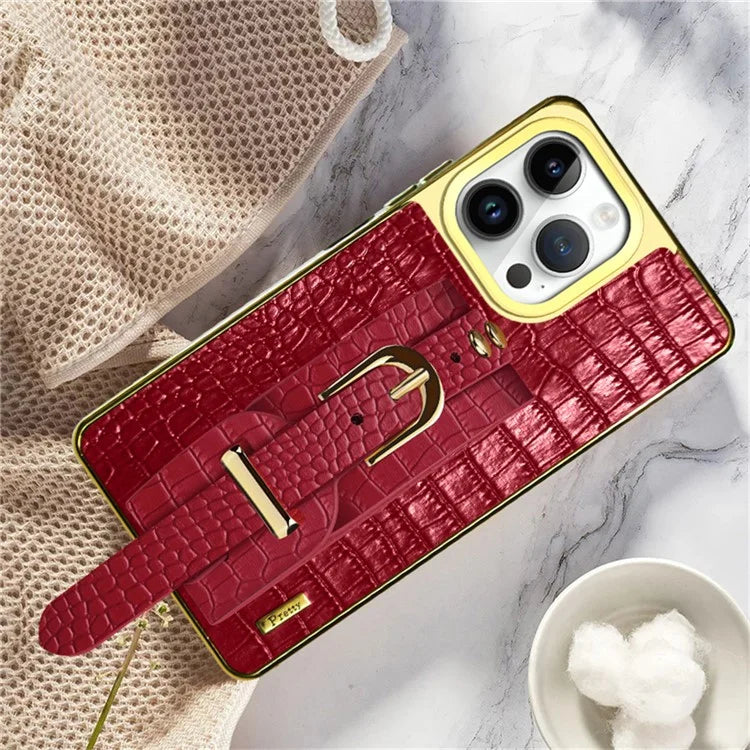 For iPhone 16 Pro Max Case Crocodile Texture PU Leather+TPU Electroplating Phone Cover Wristband Kickstand