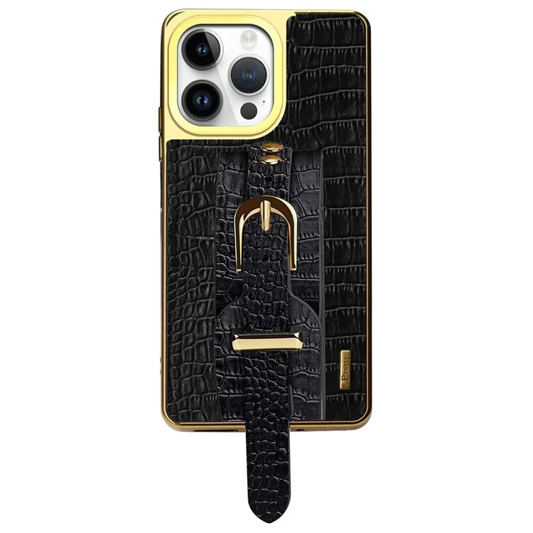 For iPhone 16 Pro Max Case Crocodile Texture PU Leather+TPU Electroplating Phone Cover Wristband Kickstand