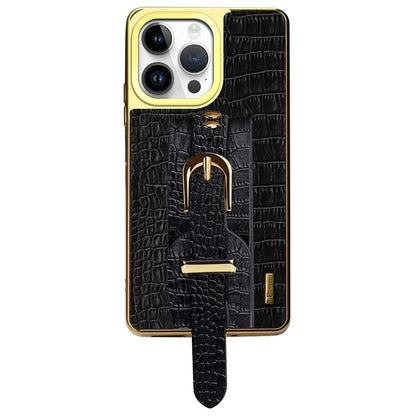 For iPhone 16 Pro Max Case Crocodile Texture PU Leather+TPU Electroplating Phone Cover Wristband Kickstand