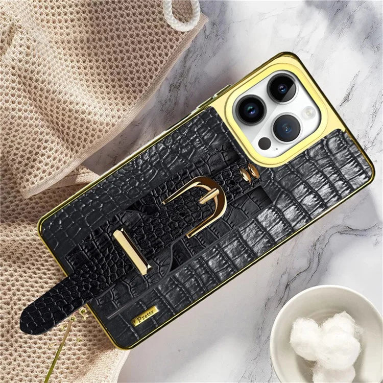 For iPhone 16 Pro Max Case Crocodile Texture PU Leather+TPU Electroplating Phone Cover Wristband Kickstand