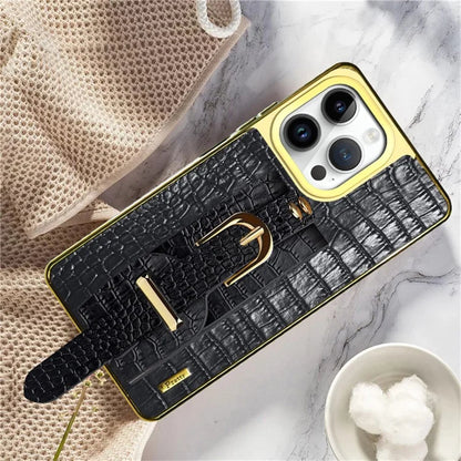 For iPhone 16 Pro Max Case Crocodile Texture PU Leather+TPU Electroplating Phone Cover Wristband Kickstand
