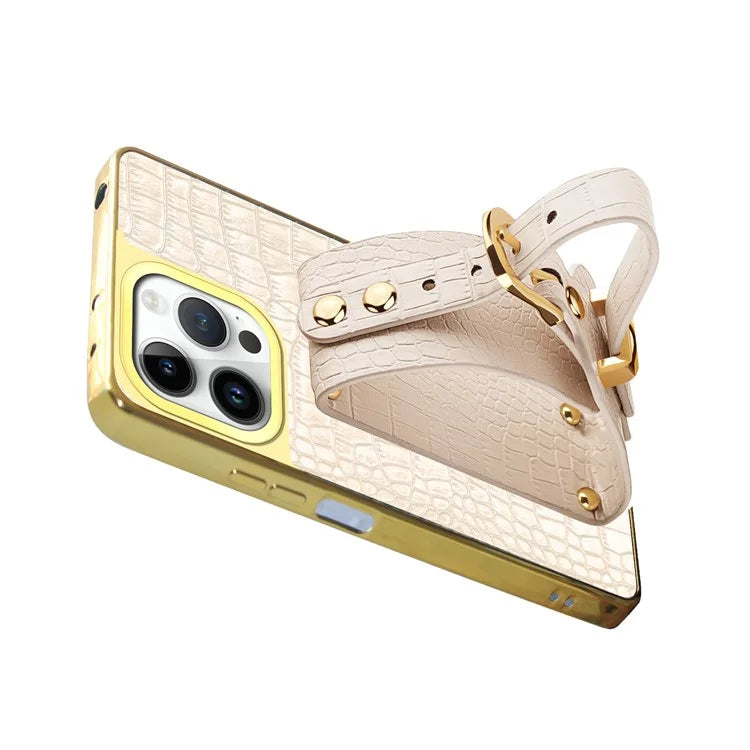 For iPhone 16 Pro Max Case Crocodile Texture PU Leather+TPU Electroplating Phone Cover Wristband Kickstand