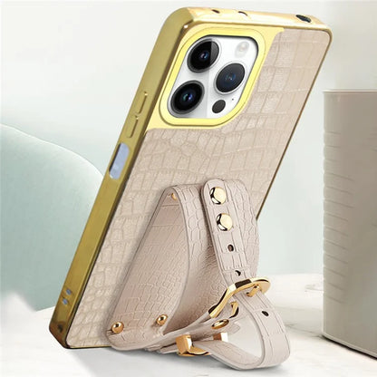 For iPhone 16 Pro Max Case Crocodile Texture PU Leather+TPU Electroplating Phone Cover Wristband Kickstand