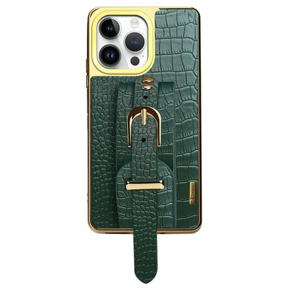 For iPhone 16 Pro Max Case Crocodile Texture PU Leather+TPU Electroplating Phone Cover Wristband Kickstand