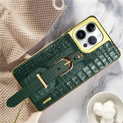 For iPhone 16 Pro Max Case Crocodile Texture PU Leather+TPU Electroplating Phone Cover Wristband Kickstand