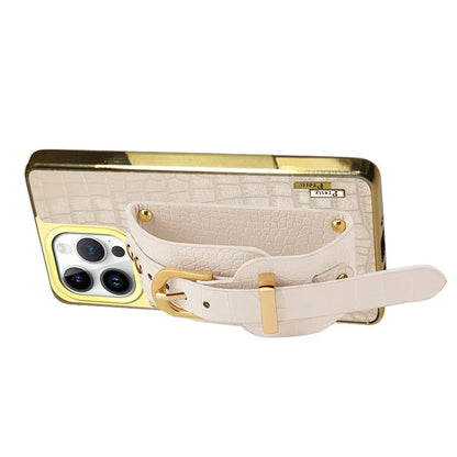 For iPhone 16 Pro Max Case Crocodile Texture PU Leather+TPU Electroplating Phone Cover Wristband Kickstand