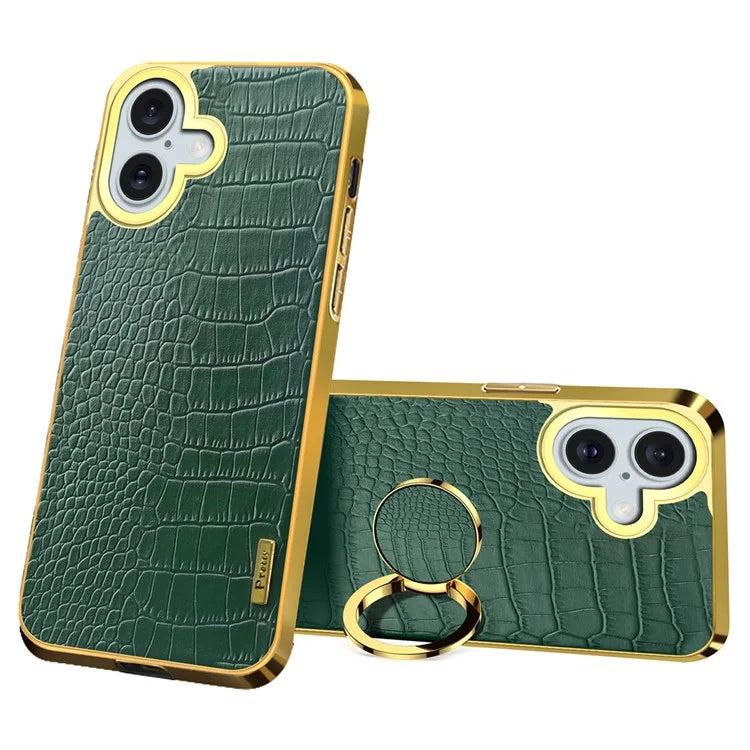 For iPhone 16 Case Crocodile Texture Leather+TPU Electroplating Phone Cover with Ring Kickstand