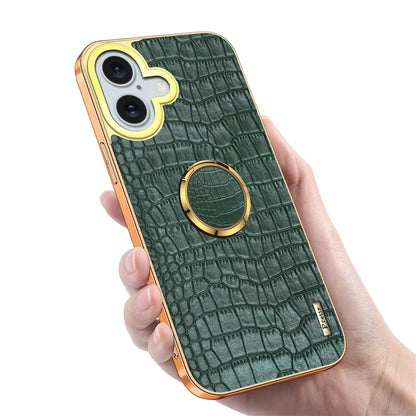 For iPhone 16 Case Crocodile Texture Leather+TPU Electroplating Phone Cover with Ring Kickstand
