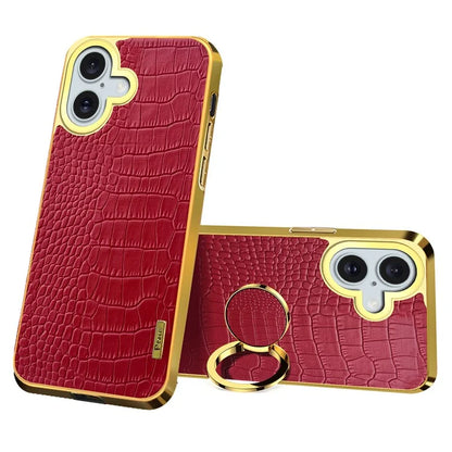 For iPhone 16 Case Crocodile Texture Leather+TPU Electroplating Phone Cover with Ring Kickstand