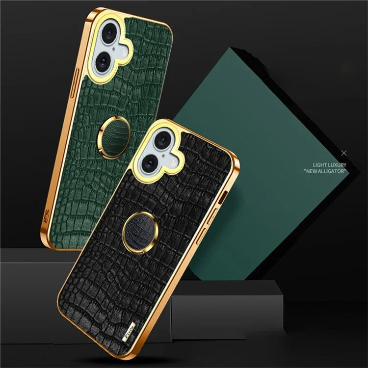 For iPhone 16 Case Crocodile Texture Leather+TPU Electroplating Phone Cover with Ring Kickstand