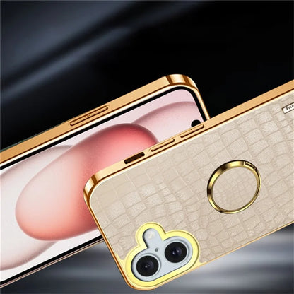 For iPhone 16 Case Crocodile Texture Leather+TPU Electroplating Phone Cover with Ring Kickstand