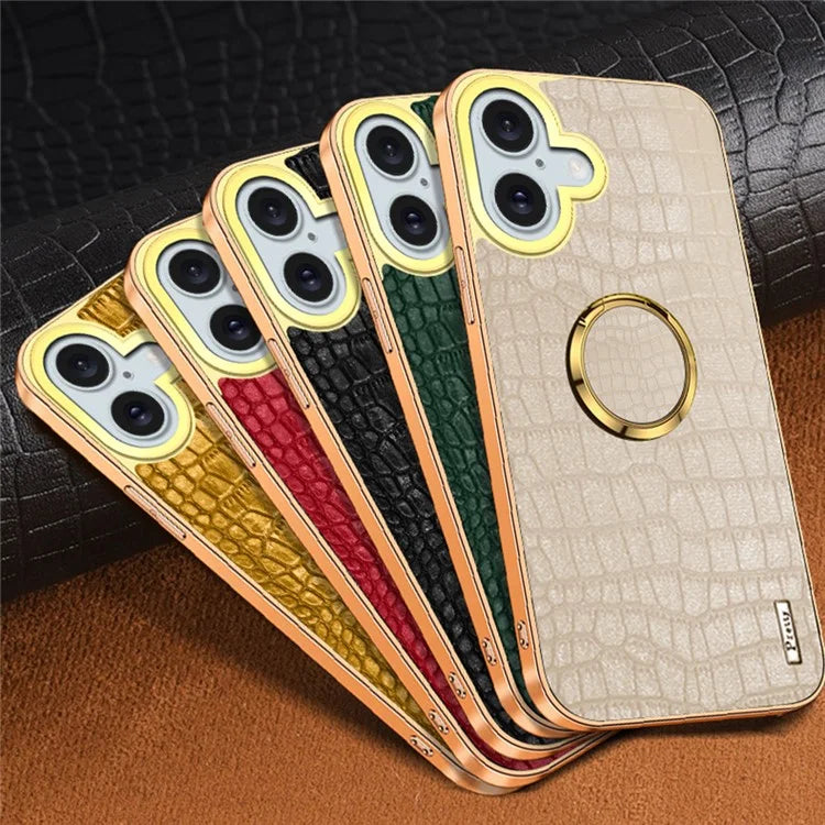 For iPhone 16 Case Crocodile Texture Leather+TPU Electroplating Phone Cover with Ring Kickstand