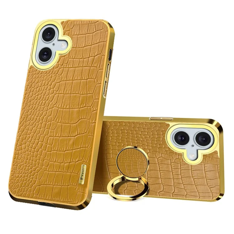 For iPhone 16 Case Crocodile Texture Leather+TPU Electroplating Phone Cover with Ring Kickstand