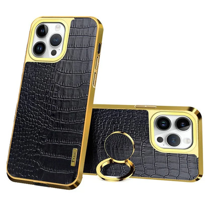 For iPhone 16 Pro Case Crocodile Texture Leather+TPU Electroplating Phone Cover with Ring Kickstand