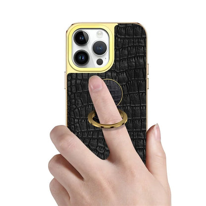 For iPhone 16 Pro Case Crocodile Texture Leather+TPU Electroplating Phone Cover with Ring Kickstand