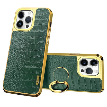 For iPhone 16 Pro Case Crocodile Texture Leather+TPU Electroplating Phone Cover with Ring Kickstand