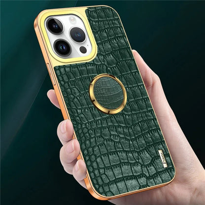 For iPhone 16 Pro Case Crocodile Texture Leather+TPU Electroplating Phone Cover with Ring Kickstand