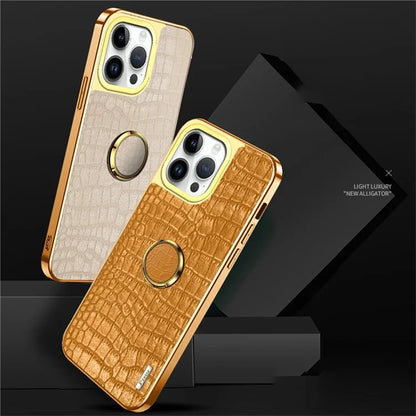 For iPhone 16 Pro Case Crocodile Texture Leather+TPU Electroplating Phone Cover with Ring Kickstand