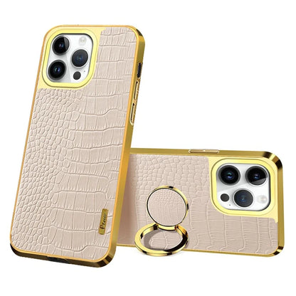 For iPhone 16 Pro Case Crocodile Texture Leather+TPU Electroplating Phone Cover with Ring Kickstand