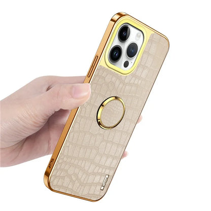 For iPhone 16 Pro Case Crocodile Texture Leather+TPU Electroplating Phone Cover with Ring Kickstand