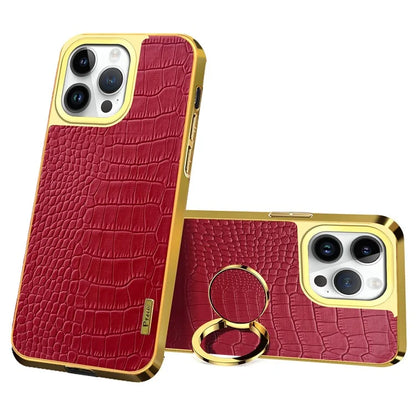 For iPhone 16 Pro Case Crocodile Texture Leather+TPU Electroplating Phone Cover with Ring Kickstand