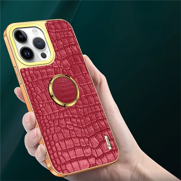 For iPhone 16 Pro Case Crocodile Texture Leather+TPU Electroplating Phone Cover with Ring Kickstand